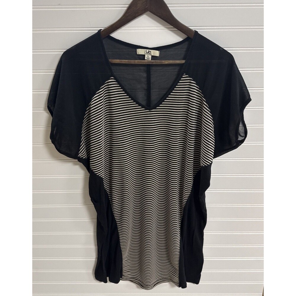 Ya Los Angeles Women’s L Black White Striped Sheer Mesh V Neck Blouse Top